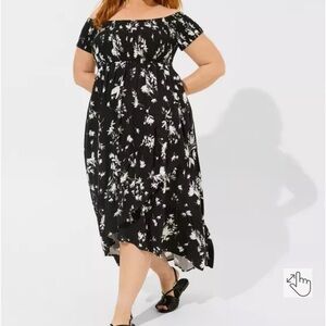 Torrid Maxi Challis Off Shoulder Tulip Hem Dress 2x Black Floral Whimsygoth Y2k